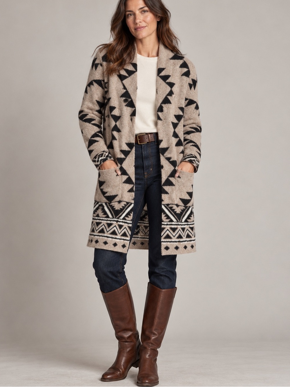 Frye Southwestern Longline Cardigan Duster M Tan Black Open Front Sweater